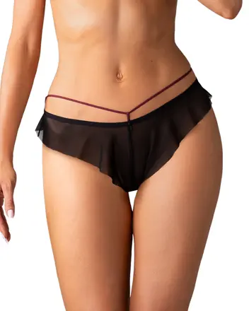 Čierne nohavičky s volánikom a bordovými pásikmi PARISEL PANTIES Obsessive